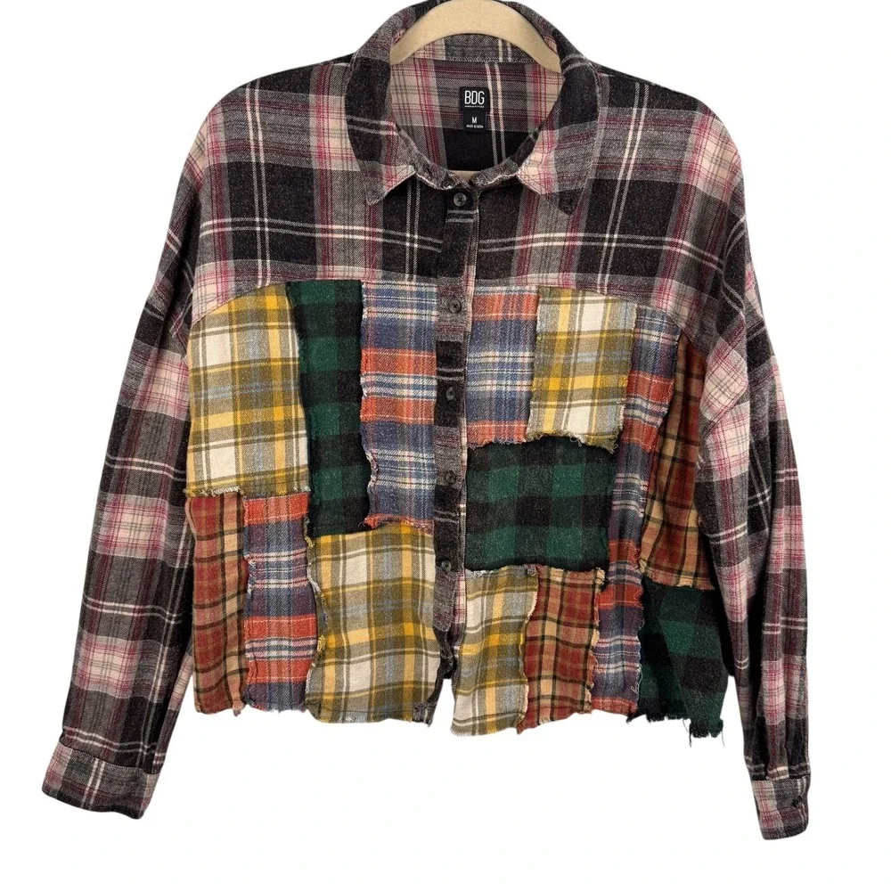 BDG Urban Outfitters Patchwork Plaid Flannel Button‎ Down Shirt Medium Festival - Picture 2 of 12